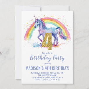 4.ª invitación de cumpleaños de Rainbow Unicorn