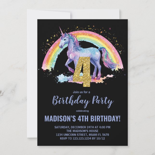 4.ª invitación de cumpleaños de Rainbow Unicorn (Anverso)
