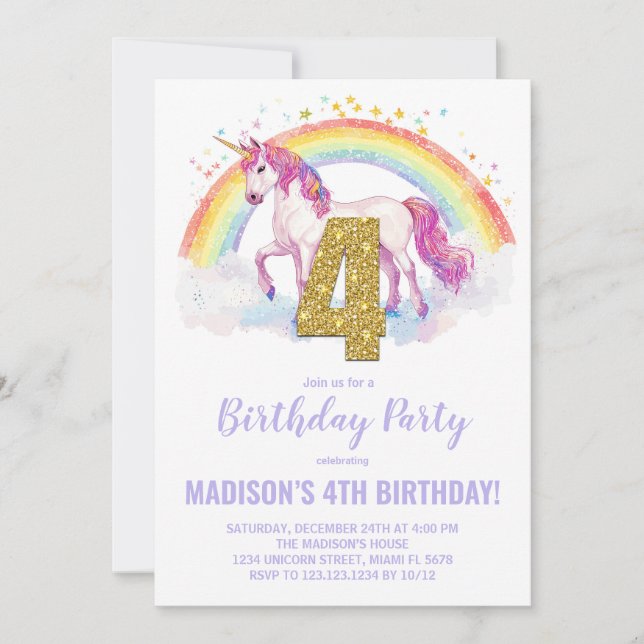 4.ª invitación de cumpleaños de Rainbow Unicorn (Anverso)
