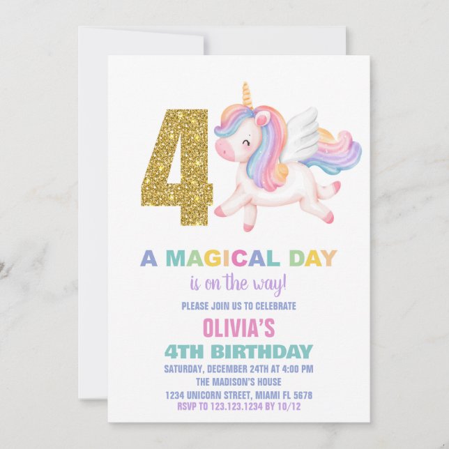 4.ª invitación de cumpleaños de Rainbow Unicorn (Anverso)