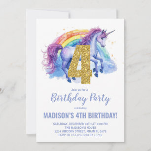 4.ª invitación de cumpleaños de Rainbow Unicorn