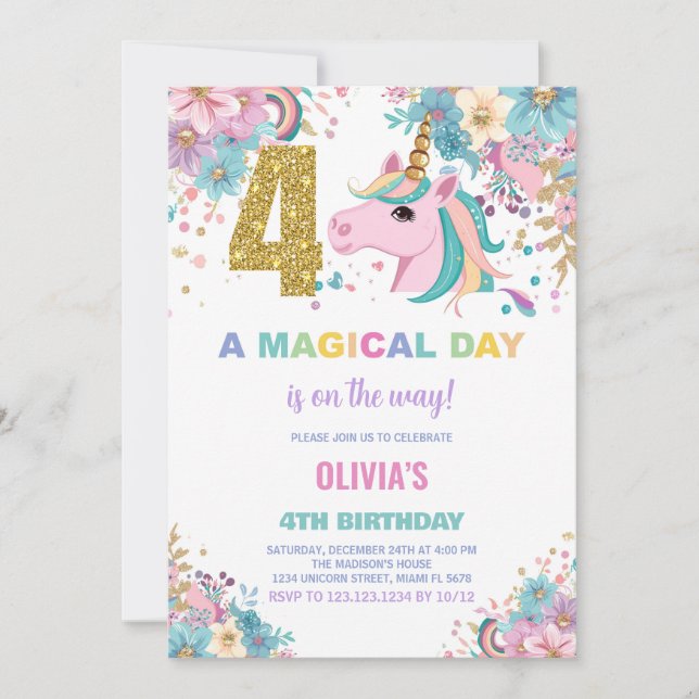 4.ª invitación de cumpleaños de Unicornio (Anverso)