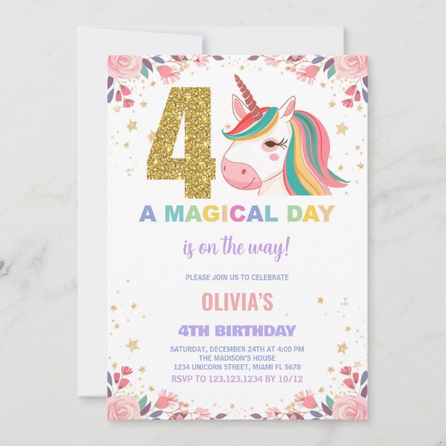 4.ª invitación de cumpleaños de Unicornio (Anverso)