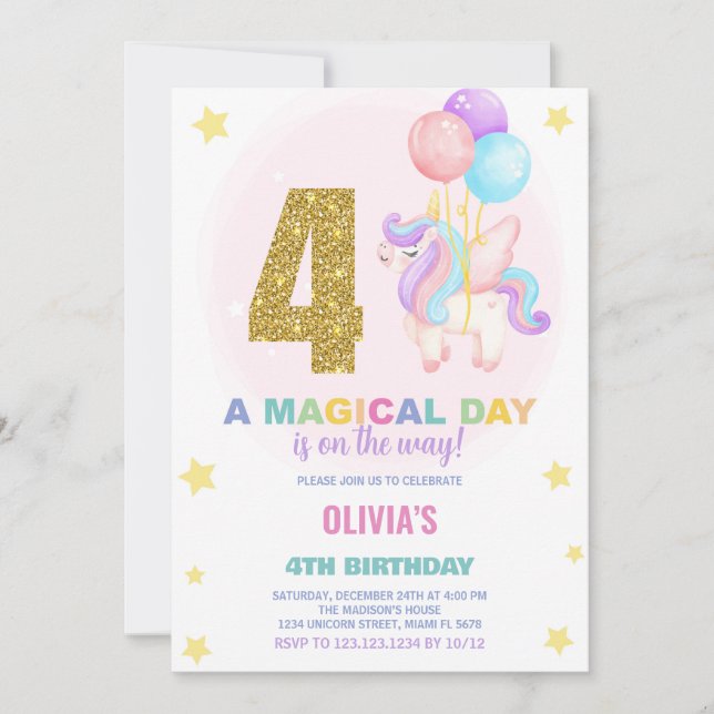 4.ª invitación de cumpleaños de Unicornio (Anverso)