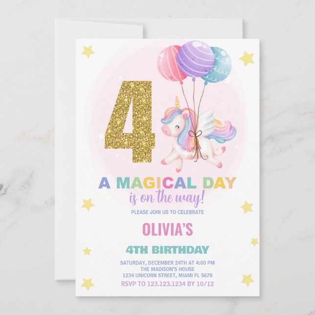 4.ª invitación de cumpleaños de Unicornio (Anverso)