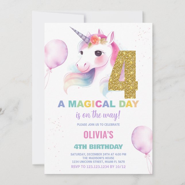 4.ª invitación de cumpleaños de Unicornio (Anverso)