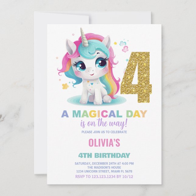 4.ª invitación de cumpleaños de Unicornio (Anverso)