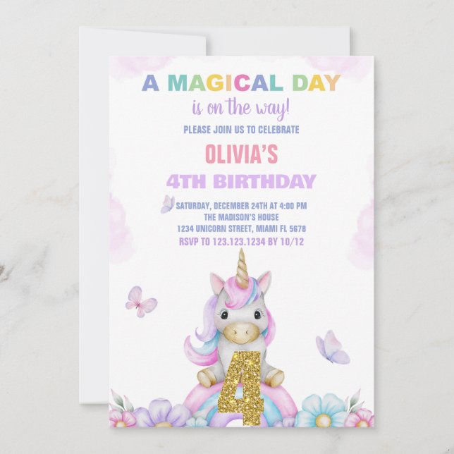 4.ª Invitación de cumpleaños de Unicornio floral (Anverso)