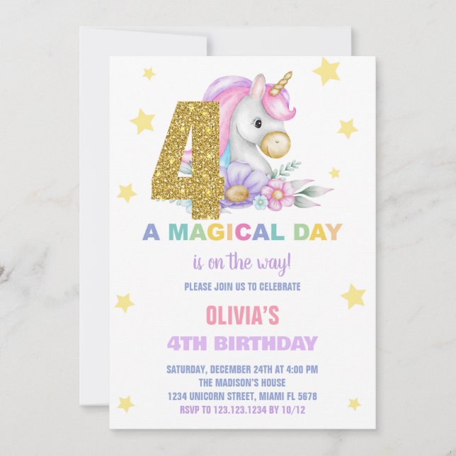 4.ª Invitación de cumpleaños de Unicornio floral (Anverso)