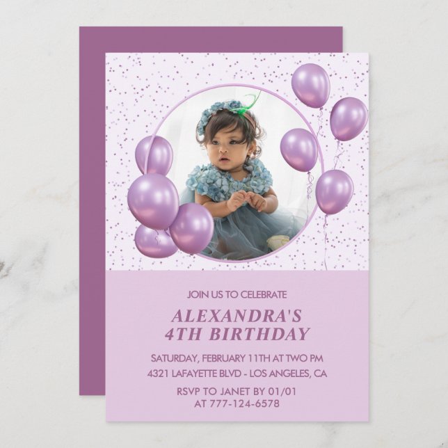 4.ª invitación de cumpleaños Globos Foto Púrpura (Anverso / Reverso)