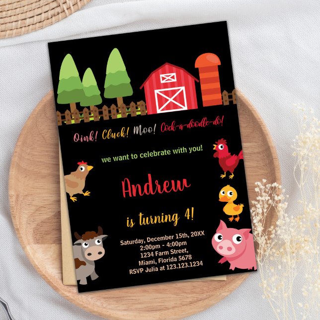4.ª invitación de cumpleaños para animales de la g (4th Black Red Farm Animals Birthday Invitations)