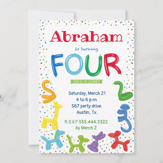 4.ª invitación de globos de animales de cumpleaños (Anverso)