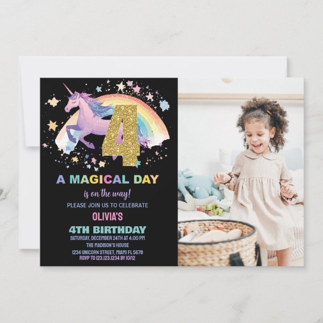 4.ª invitación de unicornio para el cumpleaños con (Anverso)