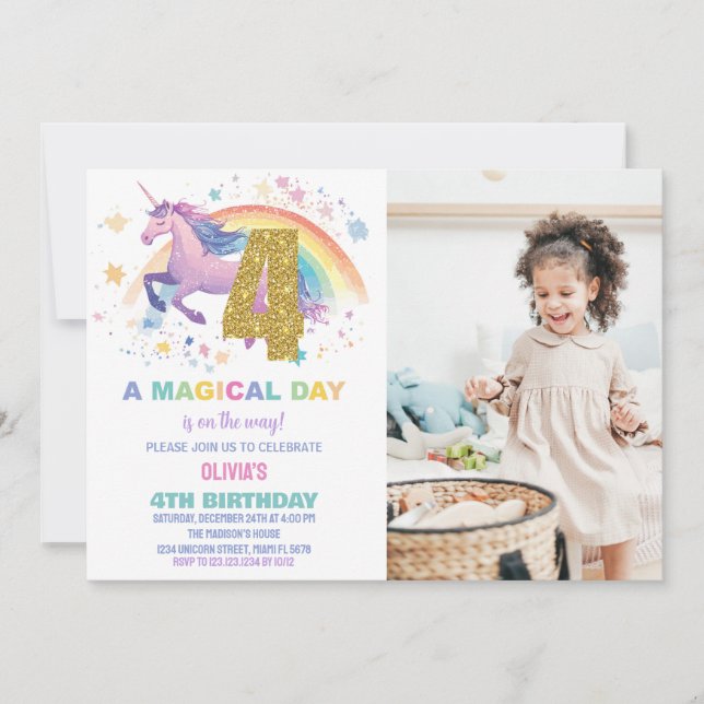 4.ª invitación de unicornio para el cumpleaños con (Anverso)