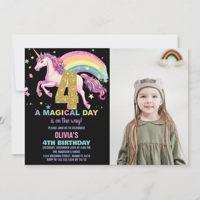 4.ª unicornio invitaciones de cumpleaños negro con (Anverso)