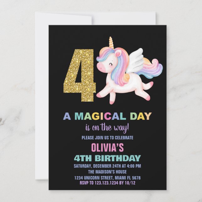 4.º arcoiris Unicornio invitaciones de cumpleaños  (Anverso)