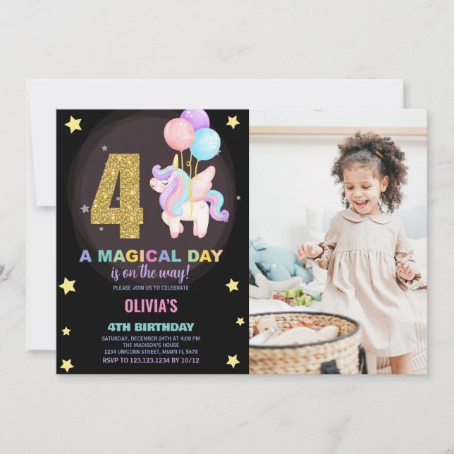 4.º cumpleaños de Unicornio invitaciones de cumple (Anverso)