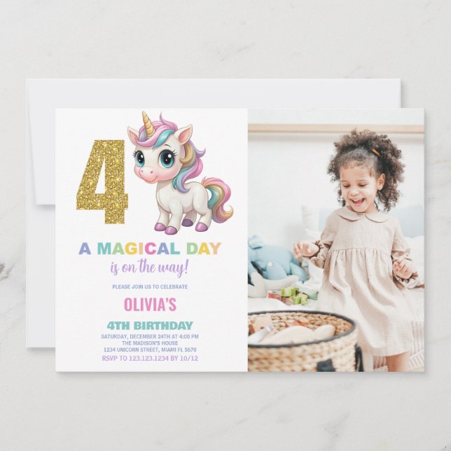 4.º cumpleaños de Unicornio invitaciones de cumple (Anverso)