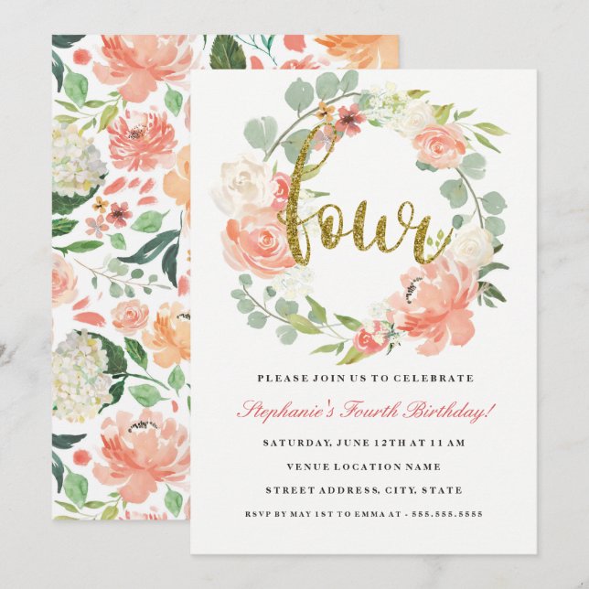 4.º cumpleaños Invitación a la flor de oro rosado (Anverso / Reverso)