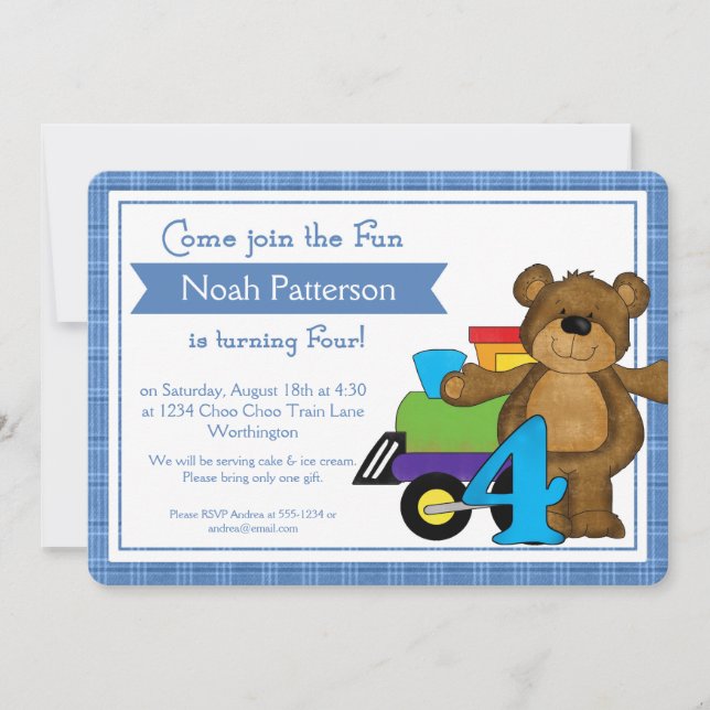 4.º Nacimiento Invitaciones Teddy Bear Train (Anverso)