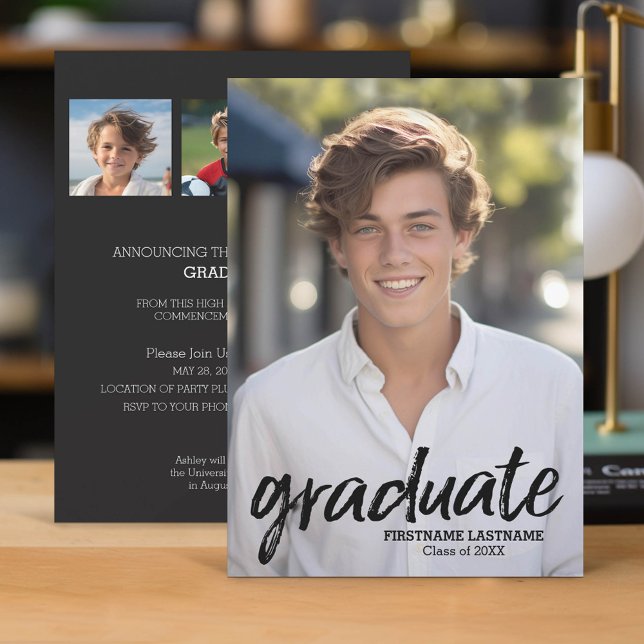 4 Anuncio de graduación de moda fotográfica - vert (Classic Graduation Announcement and Party Invitation with 4 Photos)