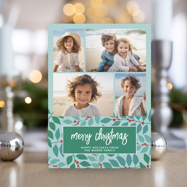4 Collage de fotos - Feliz Navidad Pastel Botánico (Modern Christmas Photo Greeting Card)