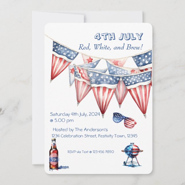 4 de julio Fiesta BBQ Invitación acuarela (Anverso)