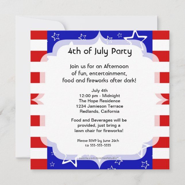 4 de julio Fiesta / Invitación Bbq Azul rojo blanc (Anverso)