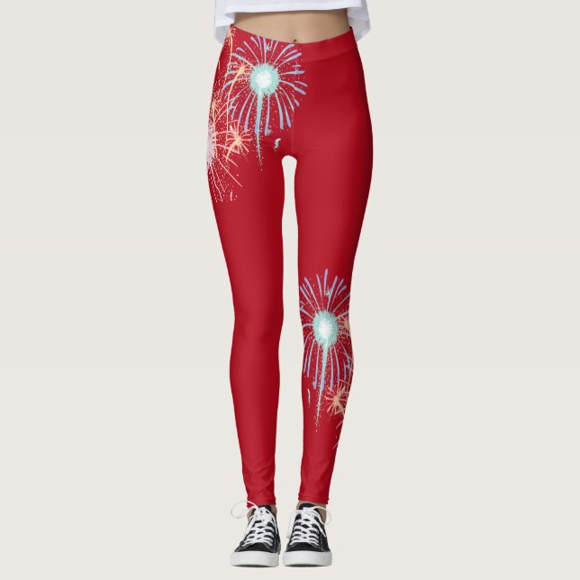 4 de julio, fuegos artificiales rojos Leggings (Anverso)