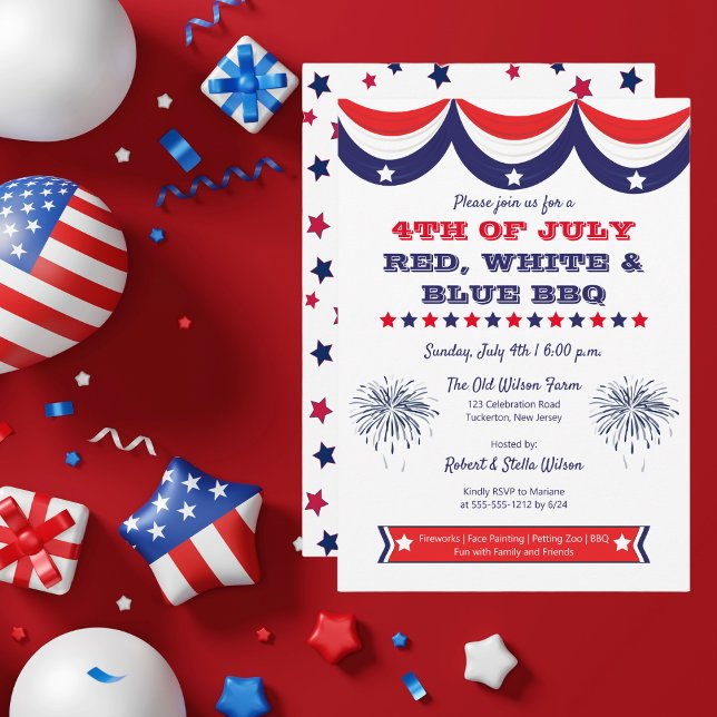 4 de julio Invitación a barbacoa en blanco rojo y  (4th of July Red, White and Blue BBQ Invitation)
