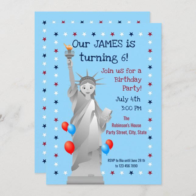 4 de julio Invitación a fiesta de cumpleaños (Anverso / Reverso)