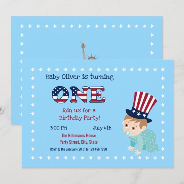 4 de julio Invitación a fiesta de niños de cumplea (Anverso / Reverso)