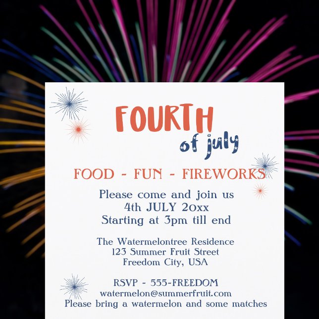 4 de julio Invitación a la fiesta de la diversión  (Food, Fun, Fireworks! Perfect for a 4th of July Party)