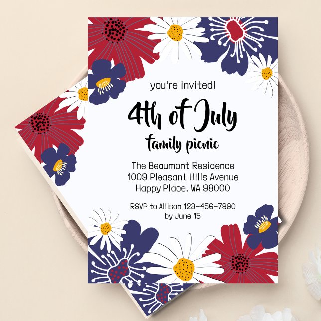 4 de julio: Invitación a la fiesta retro floral (Retro floral 4th of July party invitation, front and back.)