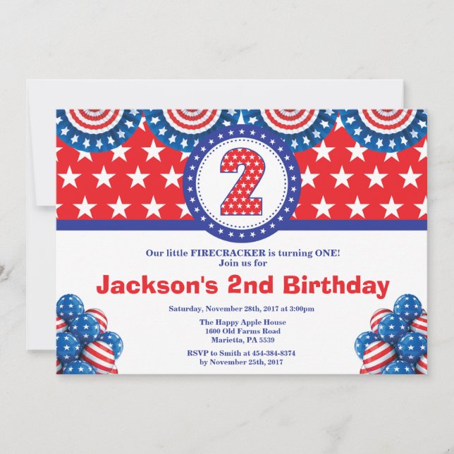 4 de Julio Invitación a Segundo Cumpleaños (Anverso)