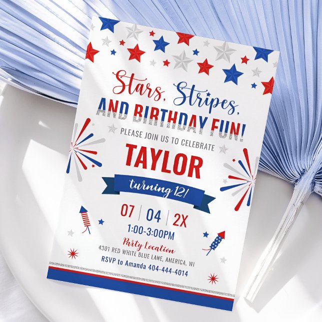 4 de julio Invitación al cumpleaños, blanco y azul (4th of July Birthday Invitation)