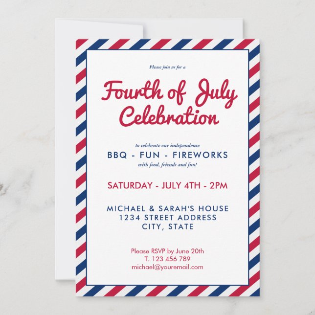 4 de julio Invitación de franjas rojas blancas y a (Anverso)