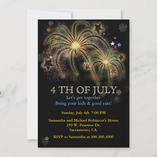 4 de julio Invitaciones a fiestas de fuegos artifi (Anverso)