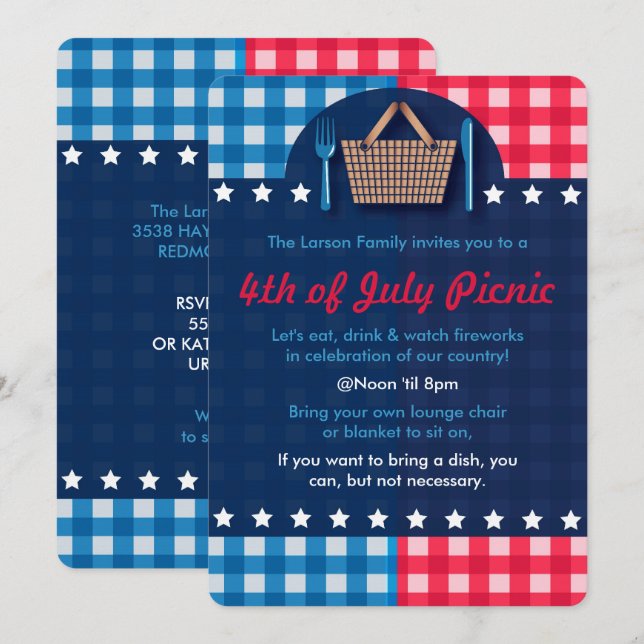 4 de julio Invitaciones de Gingham Picnic (Anverso / Reverso)
