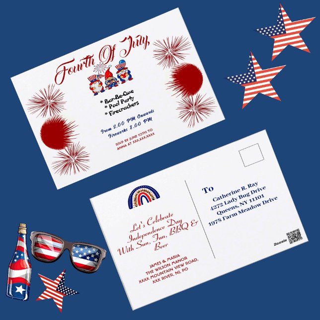 4 de julio Postal de invitación Patriotic Gnomes B (4th July Patriotic Gnomes BBQ Invitation Postcard)
