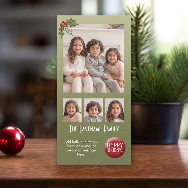 4 Foto Collage de Navidad - Acebo Retro (Add 4 Photos to this online Christmas Card )