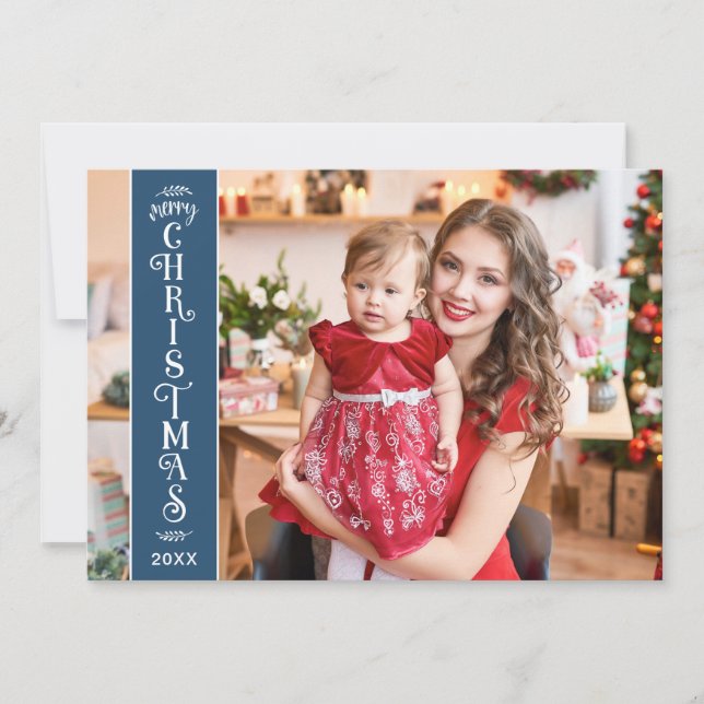 4 fotos Feliz Navidad azul familia Holiday Card (Anverso)