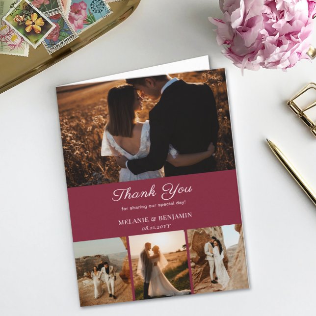 4 Fotos Rosa Flor Romántica Rosa Tarjeta de agrade (4 Photos Rose Pink Romantic Flower Thank You Card)