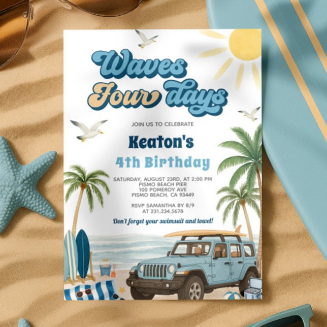 4 Invitación a Surf por Cumpleaños - Olas 4 días (Surf 4th Birthday Invitation - Waves Four Days)