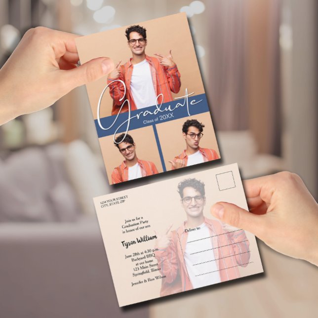 4 Invitación de la fiesta de graduación azul fotog (4 Photo Blue Graduation Party Invitation Postcard)