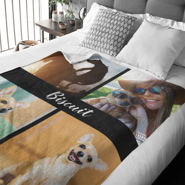 4 manta de perro de Collage de fotos con negro | (Capture precious pet moments with our Modern Pet Photo Collage Fleece Blanket. )