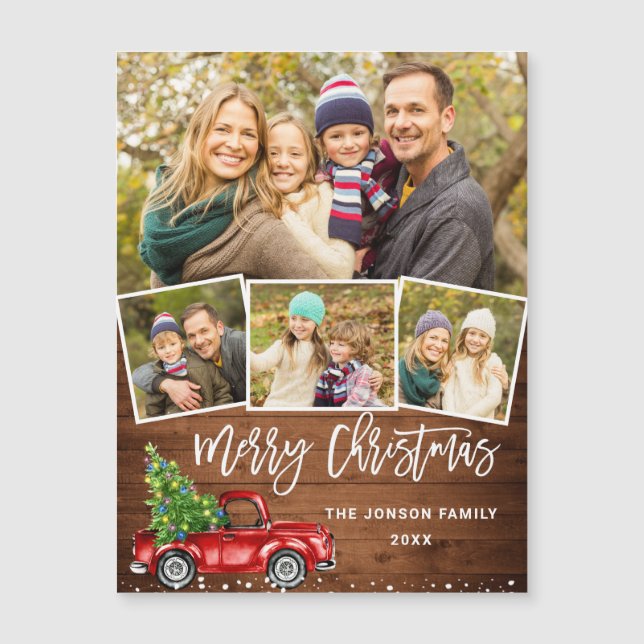 4 Navidades FOTOGRÁFICOS Red Truck Tarjeta magnéti (Anverso)