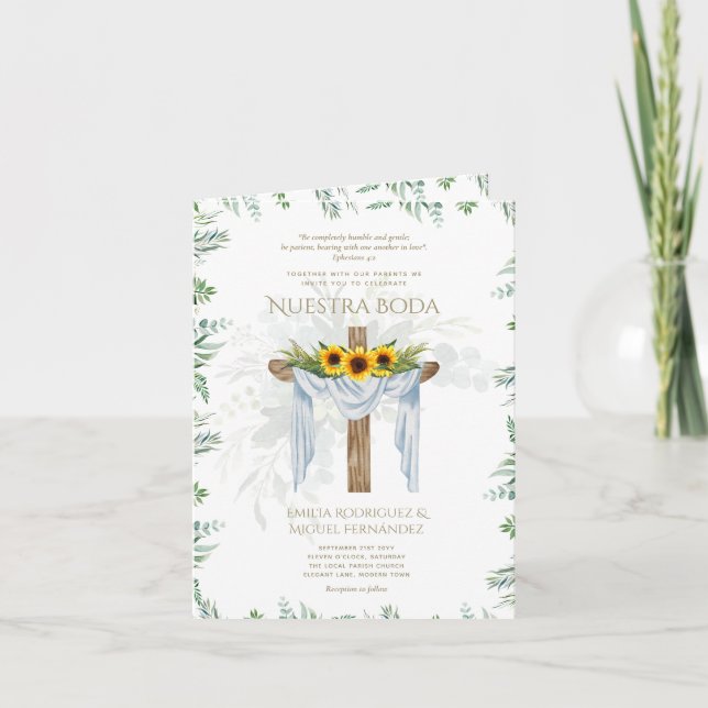 4 PG Elegante Invitación De Boda Católica Bilingüe (Anverso)