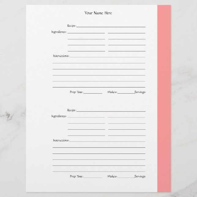 4 por Página - Páginas de Recetas Rosa 2 caras (Anverso)