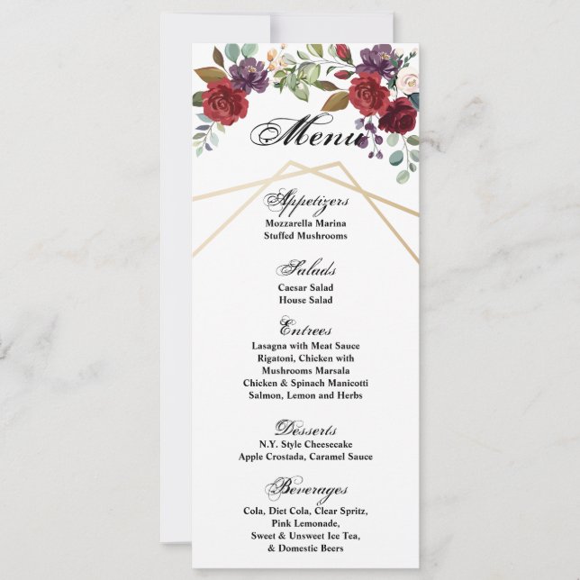 4x9.25 Tarjetas de menú Rosas blancas Flora Geomét (Anverso)